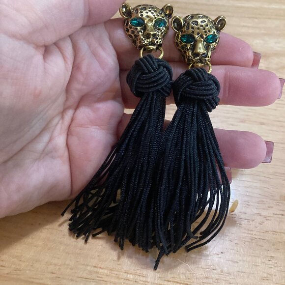 Long Black Tassel Earrings Hanging From Golden Leopard Face With Green Eyes - Picture 5 of 5